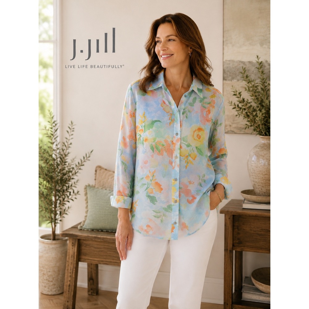 J. Jill Pastel Floral Chiffon Button Down Shirt Long Sleeve Blue Orange Size L